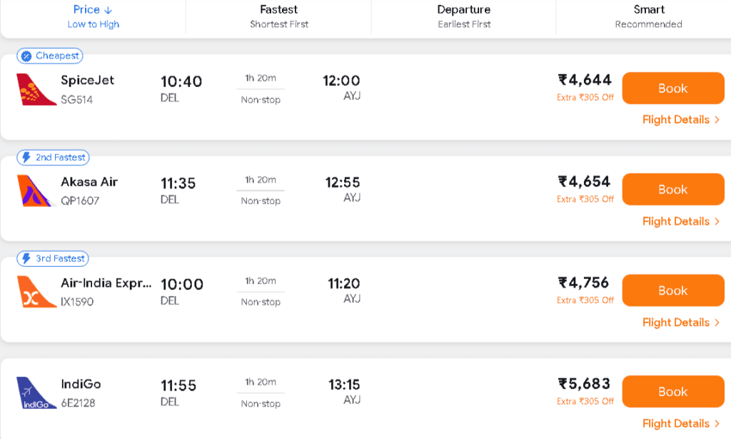 Delhi to Ayodhya By air Fare price 