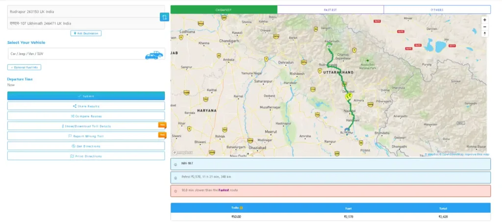 रुद्रपुर से केदारनाथ वाया  नैनीताल का यात्रा मैप 