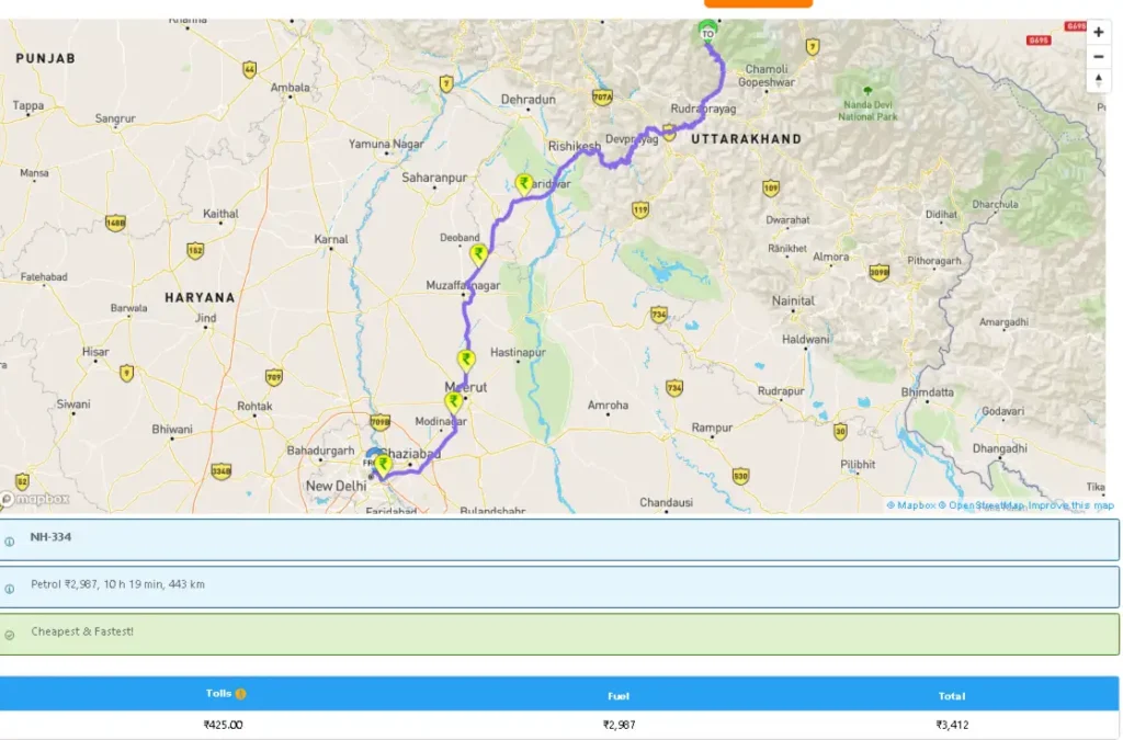 delhi to kedarnath rout and toll tax