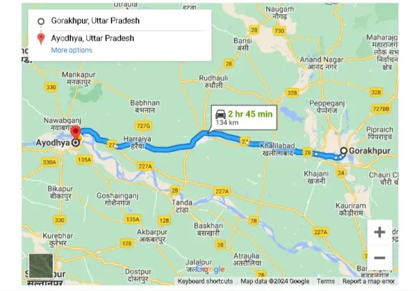  Gorakhpur to Ayodhya rout map