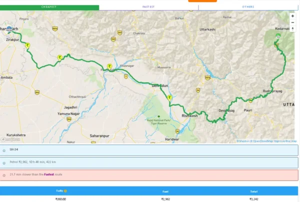 chandigarh to kedarnath road rout map with toll tax 