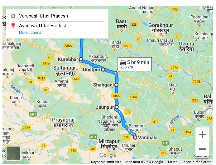 varanasi to ayodhya road rout map 