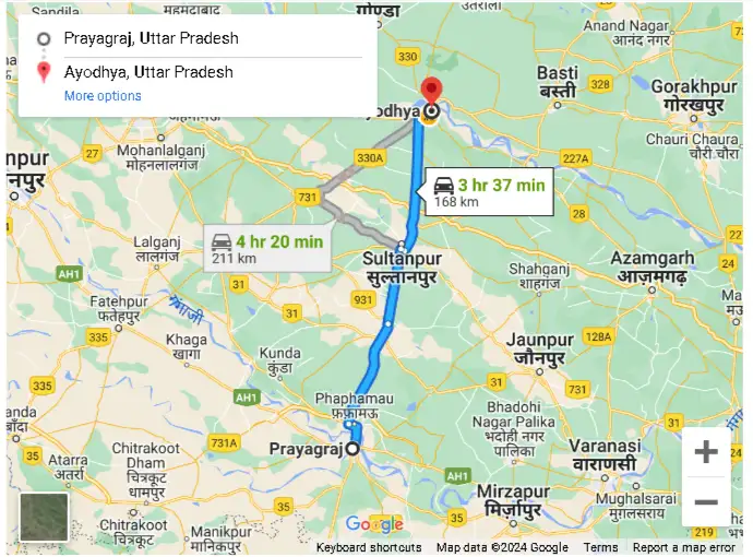 pryagraj to ayodhya road rout map