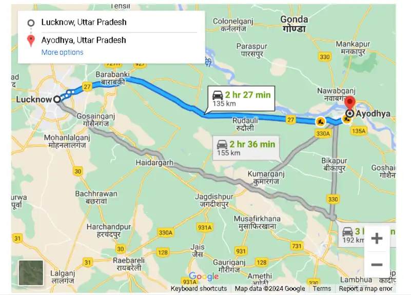 lucknow to ayodhya road rout map