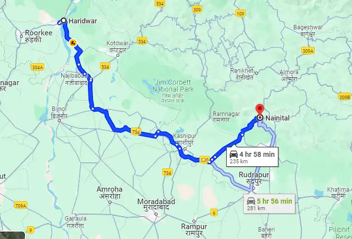 haridwar to nainital road map 